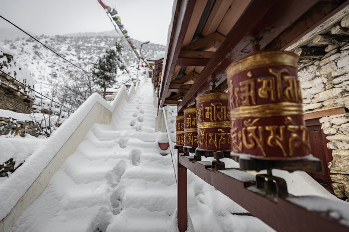 Snow-covered stairs at Lower Mustang, Nepal